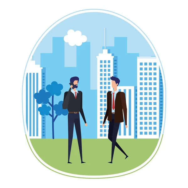 Elegant young businessmen using smartphone on the city — Stock Vector