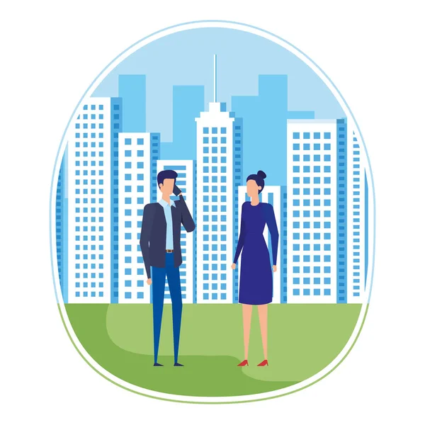 Business couple using smartphone on the city — Stock Vector