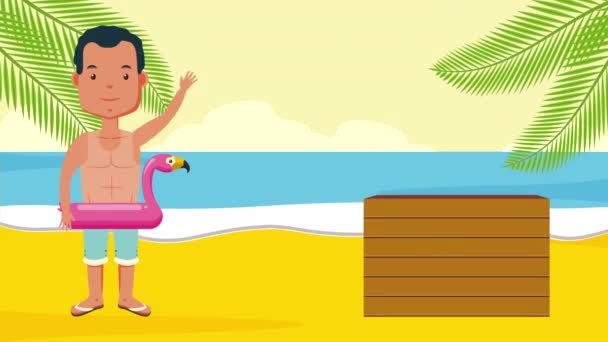 Joven en hte playa verano tiempo carácter — Vídeos de Stock