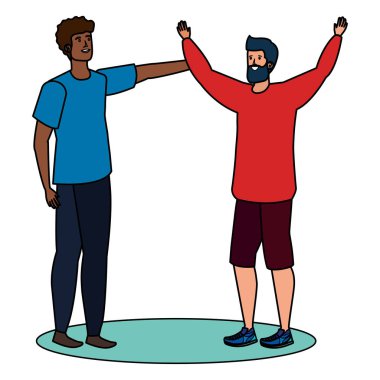 Irklar arası genç erkekler arkadaşlar kutluyor karakterler