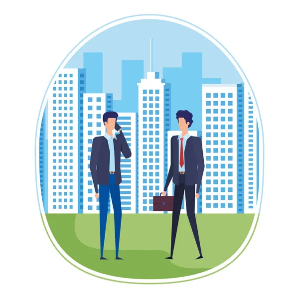 Elegant young businessmen using smartphone on the city — Stock Vector