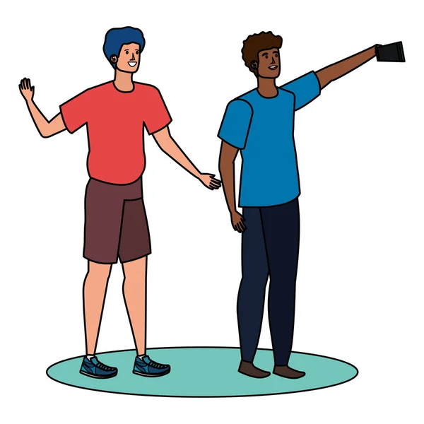 Διαφυλετικός νέοι άνδρες φίλοι λήψη selfie — Διανυσματικό Αρχείο