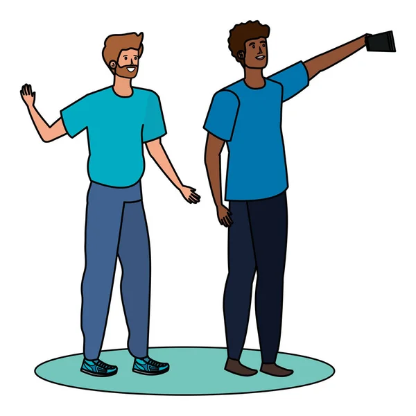 Interracial jovens amigos tomando uma selfie —  Vetores de Stock