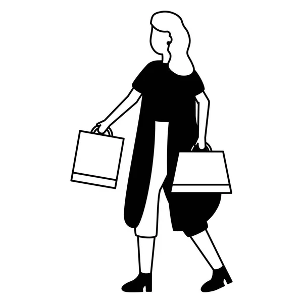 Mujer con bolsas de compras mercado — Vector de stock