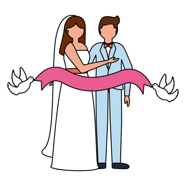 Şerit düğün günü ile gelin ve damat güvercinler — Stok Vektör