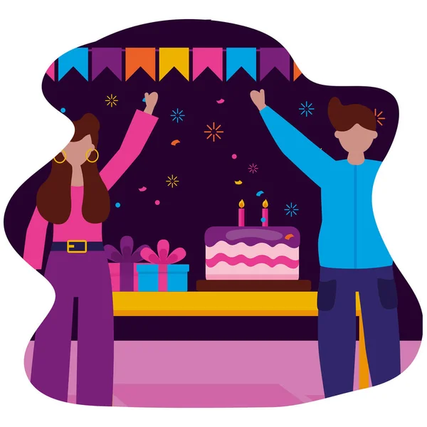 Hombre y mujer fiesta pastel cumpleaños celebración — Vector de stock