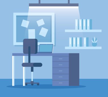 defterine ile kitaplık ve masa ile laptop ve sandalye