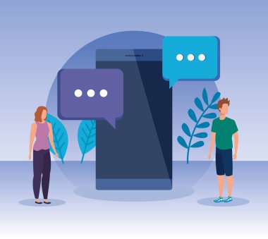 sohbet kabarcık ve akıllı telefon ile kadın ve adam ekip çalışması