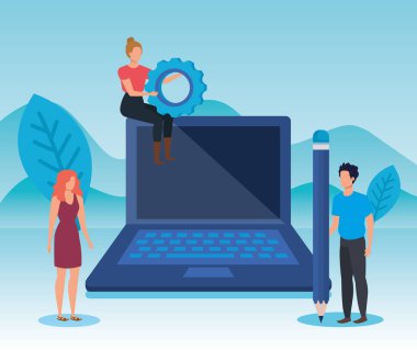 dizüstü bilgisayar teknolojisi ve dişli ile kadın ve erkek ekip çalışması