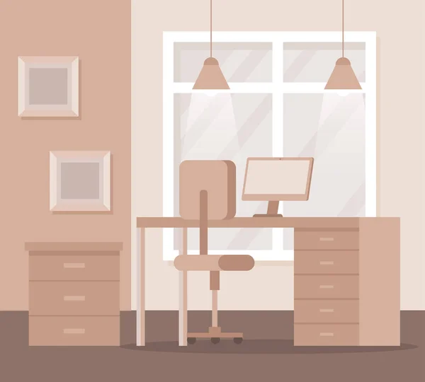 Bureau avec ordinateur et chaise avec photo et lumières — Image vectorielle