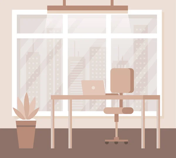 Escritorio con portátil y silla con planta y ventana — Vector de stock