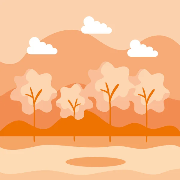 Montagnes avec nature arbres et nuages paysage — Image vectorielle