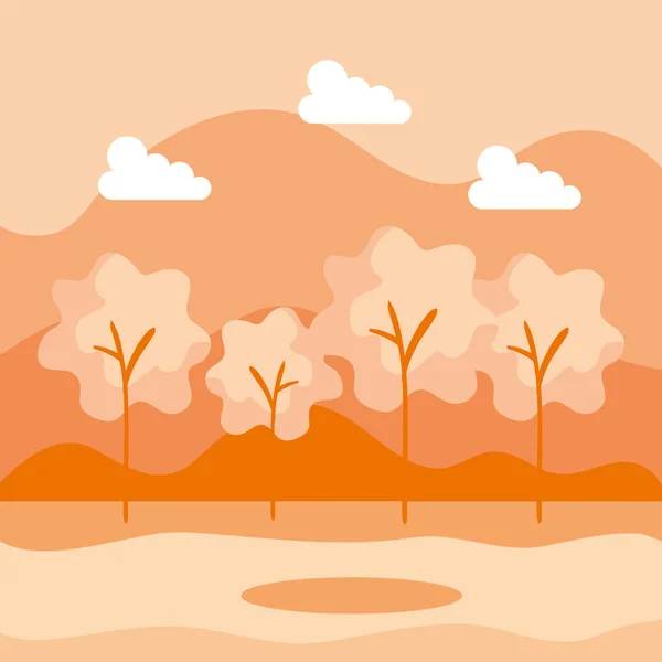 Montañas con naturaleza árboles y nubes paisaje — Vector de stock