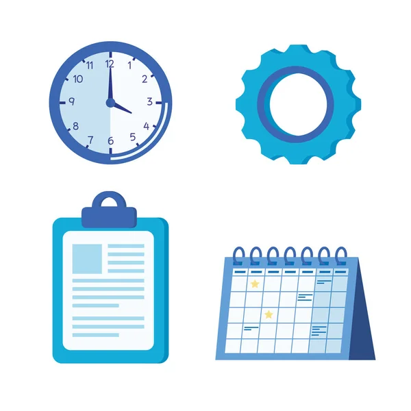 Set klok met versnelling en document in het Klembord met kalender — Stockvector