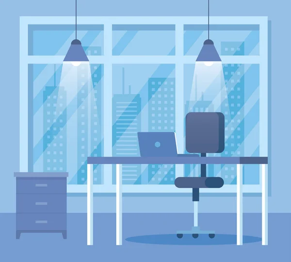 Επιφάνεια εργασίας με φορητό υπολογιστή και καρέκλα με παράθυρο και φώτα — Διανυσματικό Αρχείο