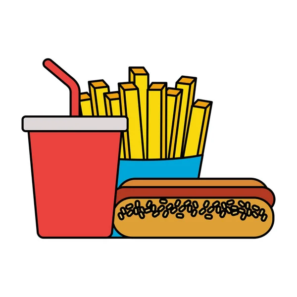 Fast food cachorro-quente batatas fritas e refrigerante — Vetor de Stock