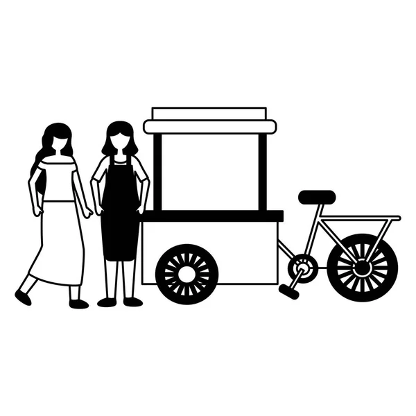 Women bicycle food cart design — Stock Vector