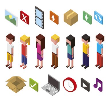 veri merkezi ve kullanıcıların paketi izometrik set simgeleri avatarları