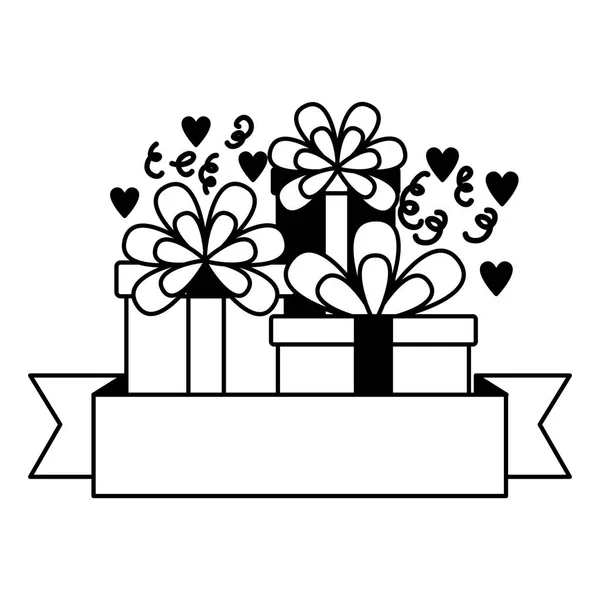 Anniversaire célébration cadeaux boîtes ruban — Image vectorielle