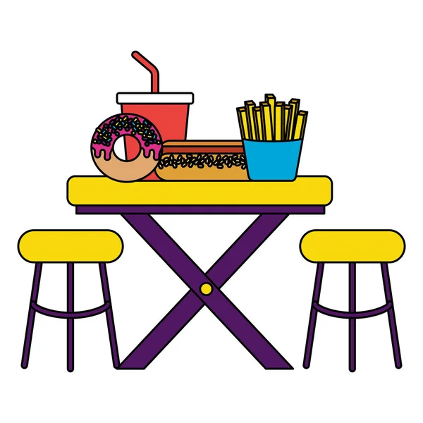 Hot dog frites donut soda sur table avec chaises — Image vectorielle