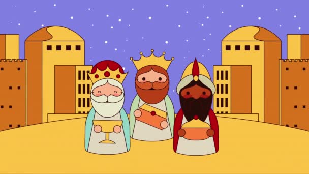 Cute wise men manger characters animation — Stock Video