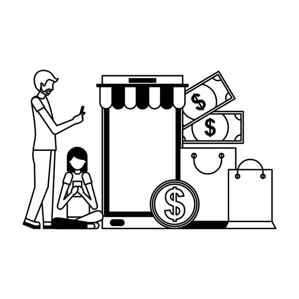 Homem e mulher smartphone dinheiro sacos compras on-line —  Vetores de Stock