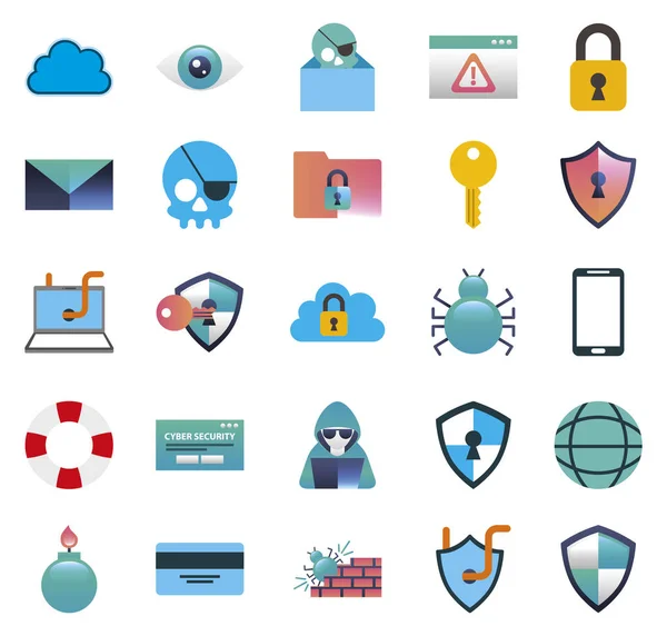 Bunt av cybersäkerhet färgglada set ikoner — Stock vektor