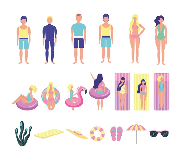 Gruppe junger Leute mit Strandkostümen bündeln Charaktere — Stockvektor