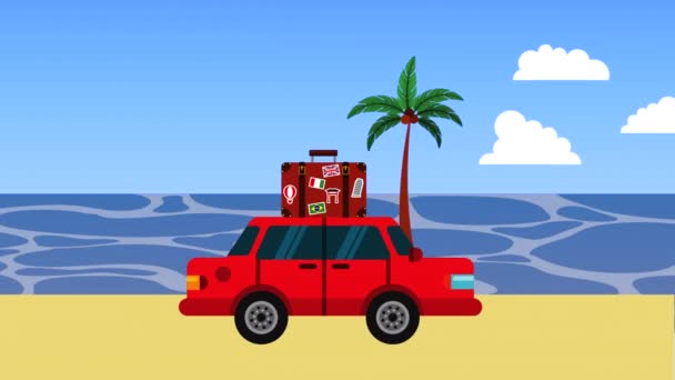 Vacaciones de verano con coche en la playa — Vídeos de Stock
