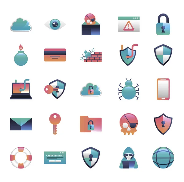 Bunt av cybersäkerhet färgglada set ikoner — Stock vektor