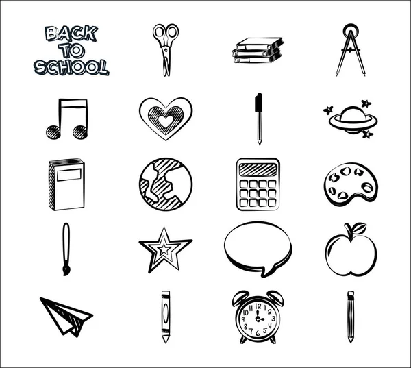 Paquete de conjunto monocromo volver a los iconos de la escuela — Vector de stock