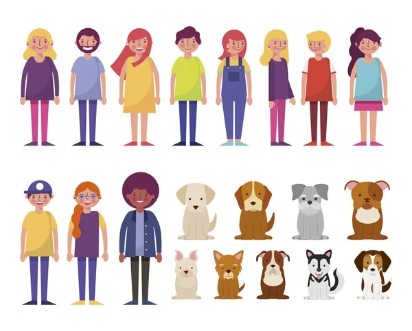 Grupo de personajes de jóvenes y perros — Archivo Imágenes Vectoriales