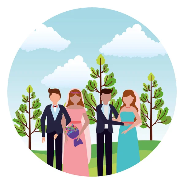 Noivas e noivos dia do casamento putdoors — Vetor de Stock