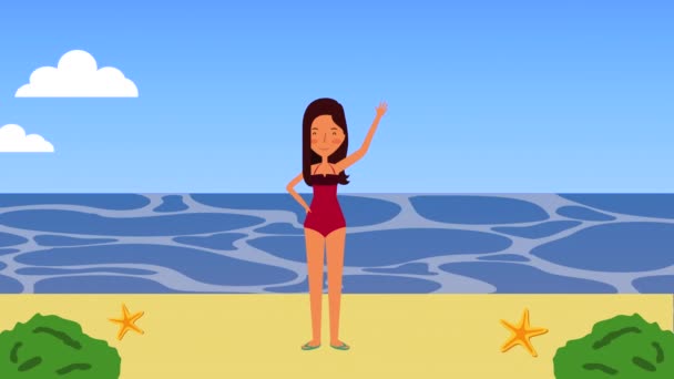Férias de verão com a menina na praia — Vídeo de Stock