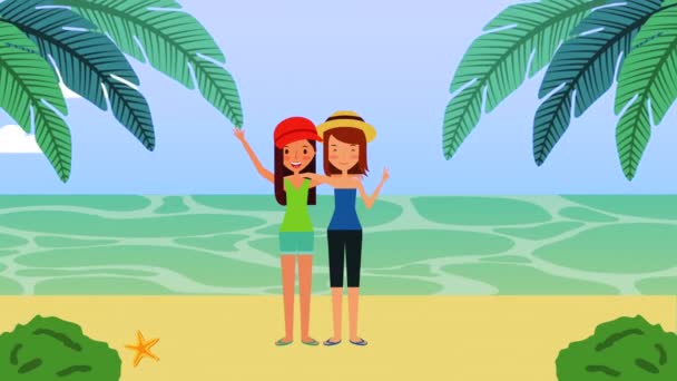 Férias de verão com meninas na praia — Vídeo de Stock