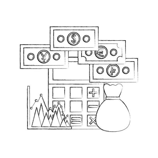Calculadora bolsa de dinero estadísticas billete doolar yen franco y rublo — Vector de stock