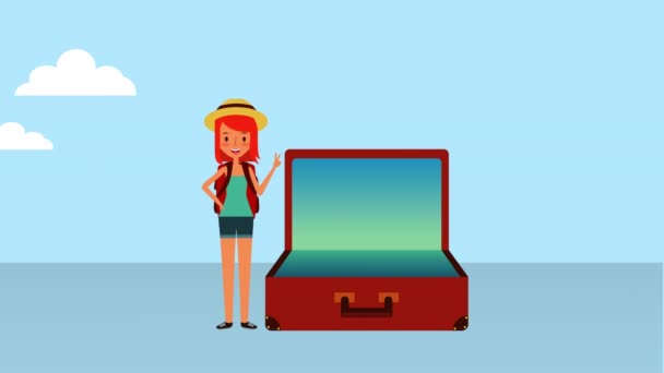 Letní čas dovolené s dívkou a kufříkem — Stock video