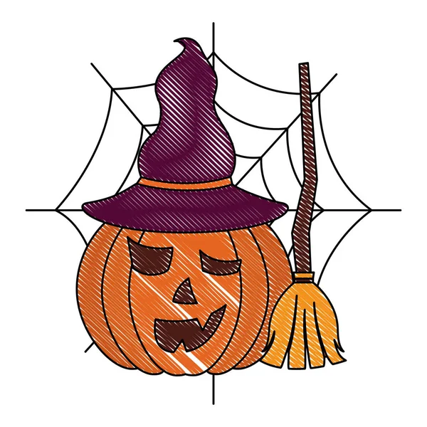 Halloween pumpa med hatt och kvast spindel webben — Stock vektor