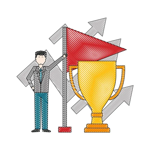 Copo de troféu com empresário e bandeira — Vetor de Stock