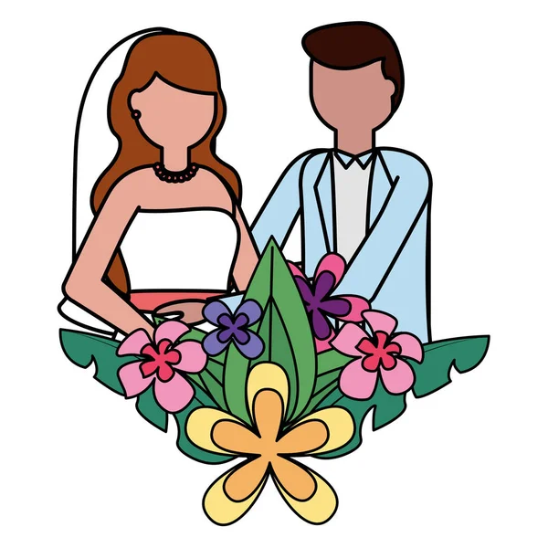 Bräutigam und Braut Blumen Blätter Dekoration Hochzeit — Stockvektor