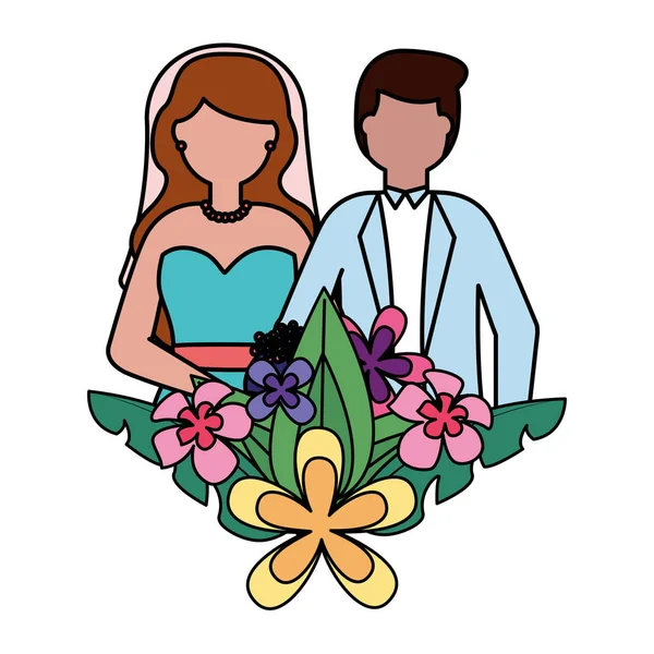 Novio y novia flores hojas decoración boda — Archivo Imágenes Vectoriales