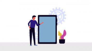 işadamı ve akıllı telefon animasyonlarla Bitcoin e-ticaret