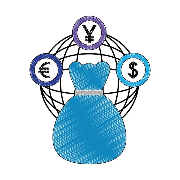 Pengar Bag World Connection mynt dollar yen euro — Stock vektor