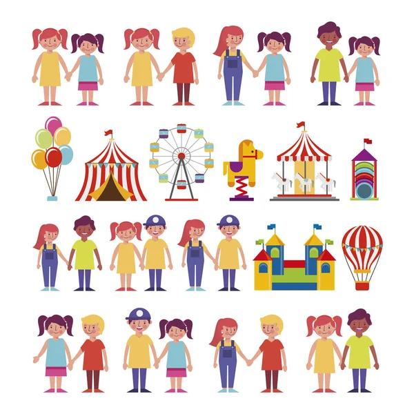 Grupo de niños y personajes del paquete del parque de atracciones — Archivo Imágenes Vectoriales