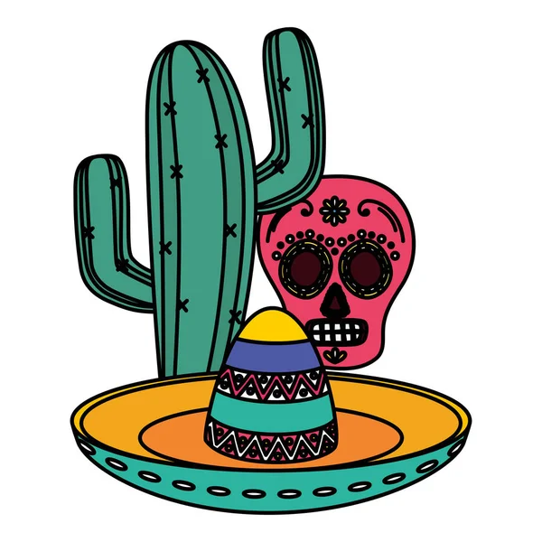 День умершего праздника маска черепа с мексиканской шляпой и кактусом — стоковый вектор