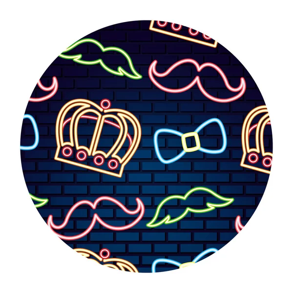 Party crown mustache bowtie neon brick wall — Stock Vector