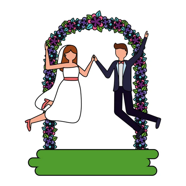Mariée et marié arc fleurs décoration mariage — Image vectorielle
