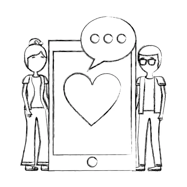 Akıllı telefon aşk mesajı ile romantik çift — Stok Vektör