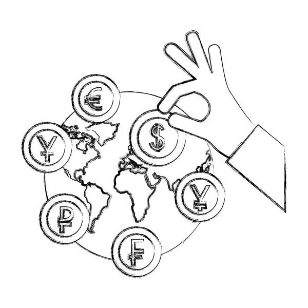 Hand med dollar Coin euro yen franc och rubel World — Stock vektor