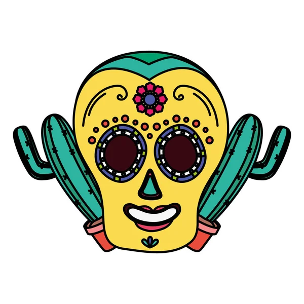 Día de la celebración de la muerte máscara de cráneo y cactus — Vector de stock